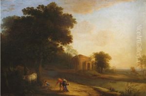 Paysage A La Riviere Avec Des Villageois En Chemin Et Un Patre