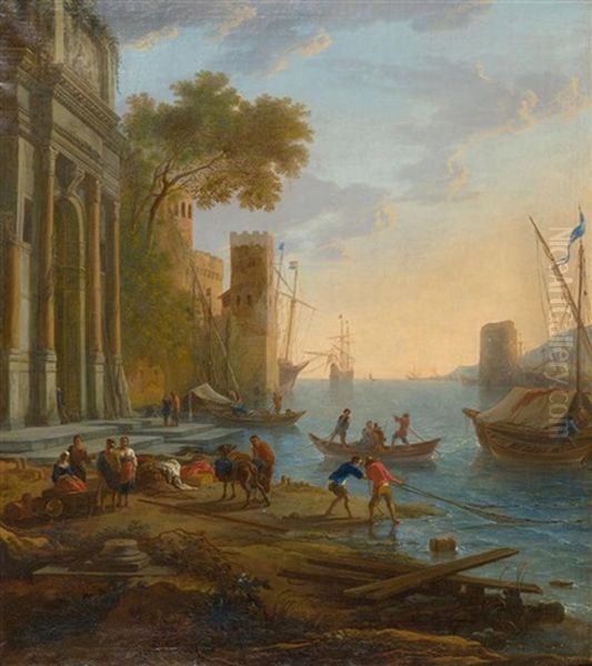 Mediterrane Hafenlandschaft Mit Architekturstaffage Und Fischern Am Ufer - view 1