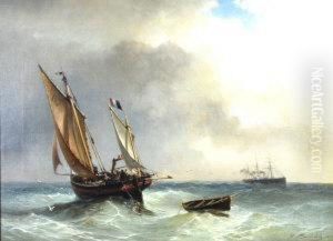 Sailing Vessel And A Steamer On Choppy Seas by Louis Bentabole