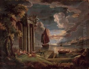 A Mediterranean Coastal Landscape At Twilight With Shepherdesses And Their Flock At Rest By Classical Ruins by Claude Lorrain (Claude Gellee)