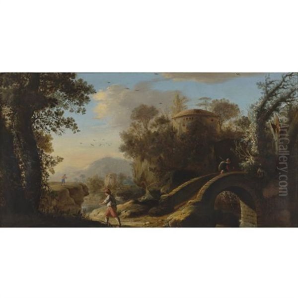 An Italianate Landscape With Figures; A Footbridge And Classical Ruins Beyond - view 1