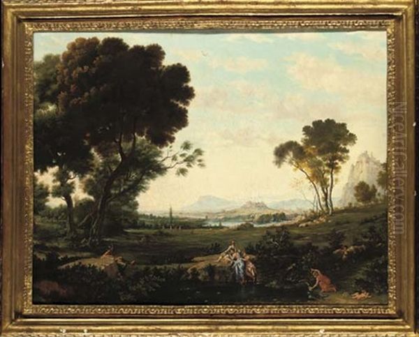 An Extensive Italianate Landscape With Classical Figures Bathing, Classical Ruins Beyond - view 1