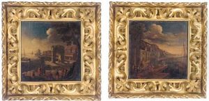 A Mediterranean Port With With Elegant Company Conversing (+ A Mediterranean Port With Merchants; Pair)