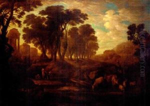 An Extensive Wooded Landscape With Figures And Cattle On A Track, Classical Ruins Beyond by Claude Lorrain (Claude Gellee)