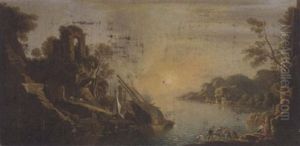 A Capriccio Of A Mediterranean Coastal Inlet With Shipping And Fishermen Pulling In The Catch
