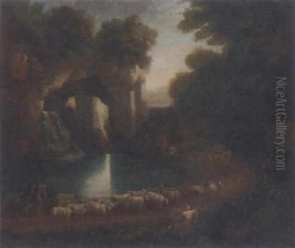 A Wooded Clearing With A Shepherd And His Flock And Anglers By A Waterfall Beneath Classical Ruins - view 1