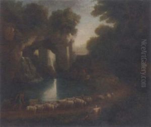 A Wooded Clearing With A Shepherd And His Flock And Anglers By A Waterfall Beneath Classical Ruins by Claude Lorrain (Claude Gellee)