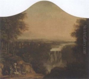 An Extensive River Landscape With A Shepherd And His Flock By A Waterfall by Claude Lorrain (Claude Gellee)