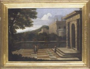 Figures On A Terrace Before A Gateway, A Palace Beyond