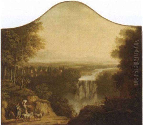 An Extensive Landscape With A Waterfall, Ruins And A Shepherd And Shepherdess On A Track - view 1