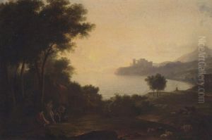 A Mediterranean Coastal Inlet With Classical Figures Playing Music, A Fortress In The Distance by Claude Lorrain (Claude Gellee)