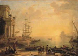 A Capriccio Of An Italianate Harbour At Sunset, With Merchants, Fishermen And Stevedores On The Shore, Men-o'-war At A Quay Beyond