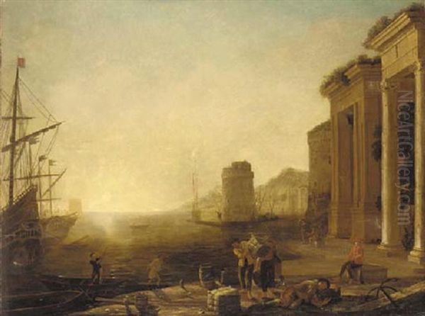 A Coastal Inlet With Moored Shipping And Stevedores On A Quay - view 1