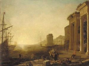 A Coastal Inlet With Moored Shipping And Stevedores On A Quay