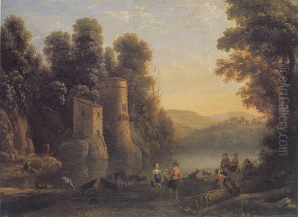 Pastoral River Landscape With Figures By A Mill - view 1