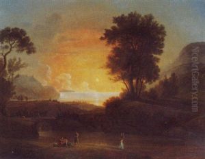 Landschaft Mit Ein Paar Figuren Bei Sonnenuntergang Am Meer