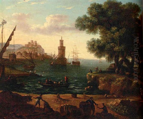 A Coastal Inlet With Moored Shipping And Stevedores On A Bank - view 1