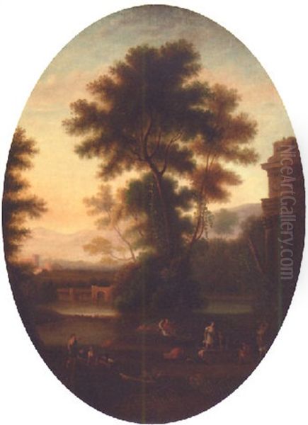 An Extensive Classical River Landscape With Figures Before Ruins - view 1