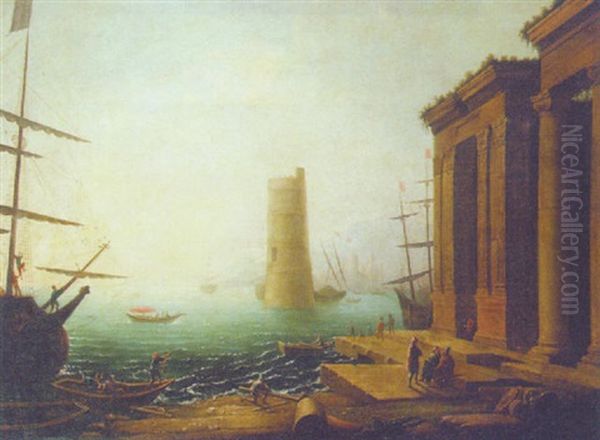 A Capriccio Of A Mediterranean Harbour At Sunset - view 1