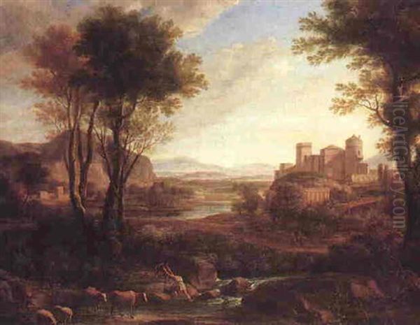 Landscape With Figures Crossing A Stream Beside Cattle And Sheep, A Citadel Beyond - view 1