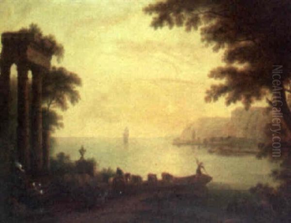 Mediterranean Seascape With Cattle Being Loaded Onto A Ferryboat At Sunset - view 1