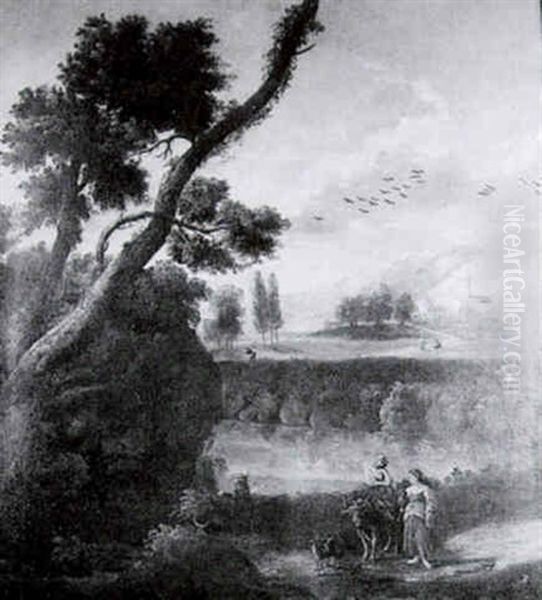 A Classical Continental Landscape With Figures By A Lake In The Foreground - view 1