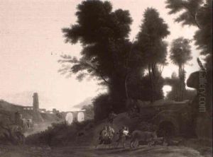 Arcadian Landscape With Drovers And Figures Fighting On A   Bridge