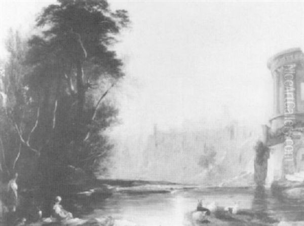 Figures By Goats In A Ruinous Classical River Landscape - view 1