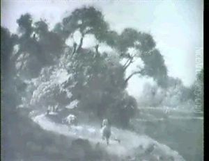 Hirte In Rotem Rock Und Topfhut Auf Einem Maultier Mit Einerherde Schafe Und Einem Schwerbepackten Esel by Claude Lorrain (Claude Gellee)