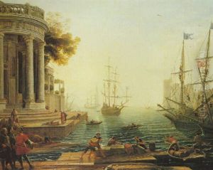 A Seaport At Sunset With Figures