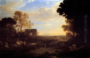Italianate Landscape At Sunset With Herdsmen Driving A Flock