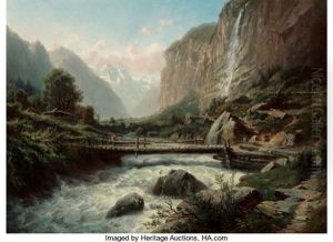 An Alpine Landscape With A Bridge Over A Fast-moving River by Leberecht Lortet