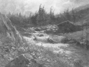 Alpenlandschaft Mit Berghutte An Einem Wildbach by Leberecht Lortet