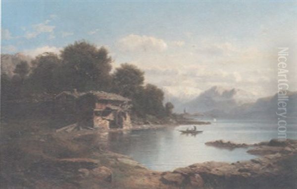 An Alpine Landscape With An Abandoned Cottage On The Lake's Edge And Figures In A Dinghy In The Foreground - view 1