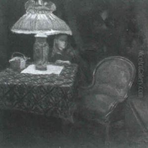 Interior Med Ung Pige Der Sidder Og Laeser by Henry Jacob Lorup