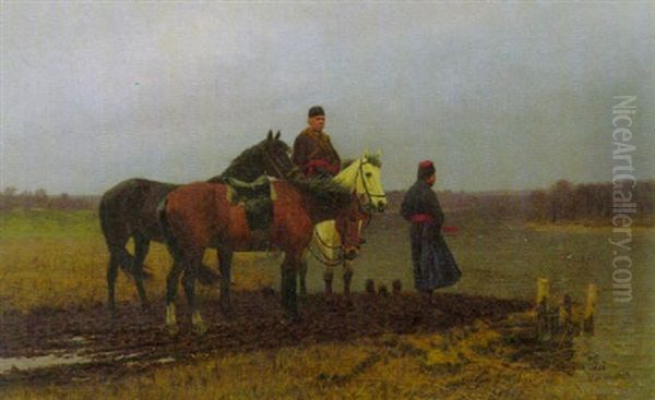 Zwei Reiter Am Flussufer, Auf Die Fahre Wartend - view 1