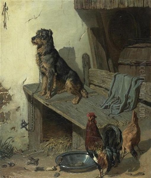 Hofhund Mit Hahn Und Huhn - view 1