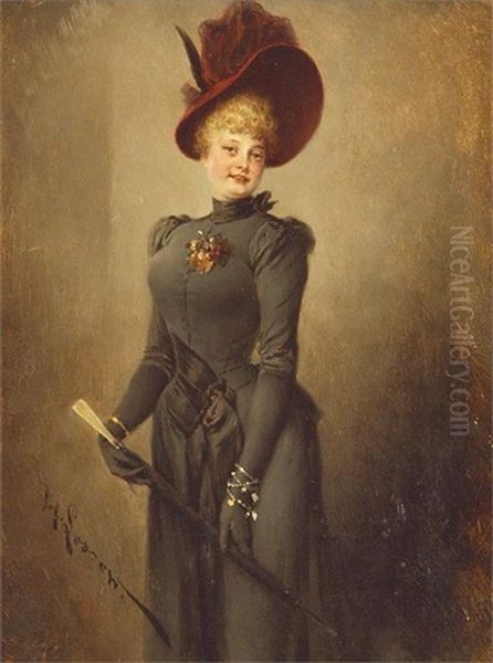 Dame Im Schwarzen Eleganten Kleid Mit Hut - view 1
