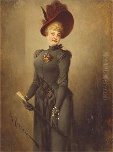 Dame Im Schwarzen Eleganten Kleid Mit Hut by Heinrich Lossow