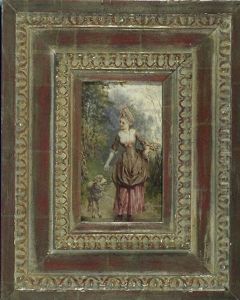 Junge Dame Im Rokokokleid Mit Lamm Beim Spaziergang Durch Den Wald by Heinrich Lossow