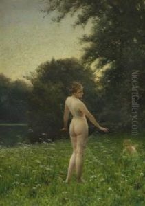 Nymphe Und Amorette Am Waldteich by Heinrich Lossow