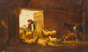 Shepherd And Sheep In Stable