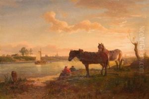 Rastende Reiter Am Rheinufer by Henry Lot