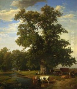 Baumlandschaft Mit Hirten Und Kuhen Am Wasser Baumlandschaft Mit Hirten Und Kuhen Am Wasser