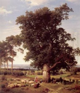 Sommerlandskab Med Farehyrde Og Hans Familie Under Et Stort Egetrae by Henry Lot