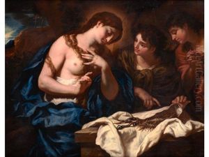 Die Heilige Maria Magdalena Mit Zwei Engeln by Johann Carl Loth
