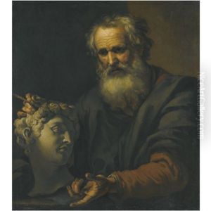 A Philosopher Deep In Thought Holding A Sculpted Head by Johann Carl Loth