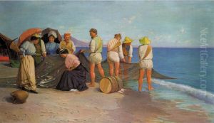 Dame E Pescatori Sulla Spiaggia by Cesare Bentivoglio