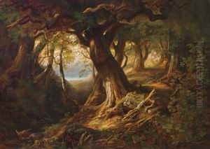 Deer In A Wooded Landscape by Ernst Lotichius
