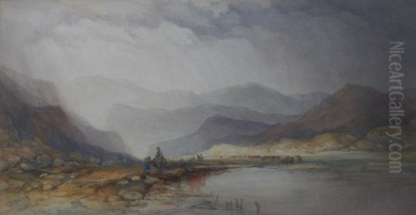 Lake With Mountains, Figures And Cattle - view 1